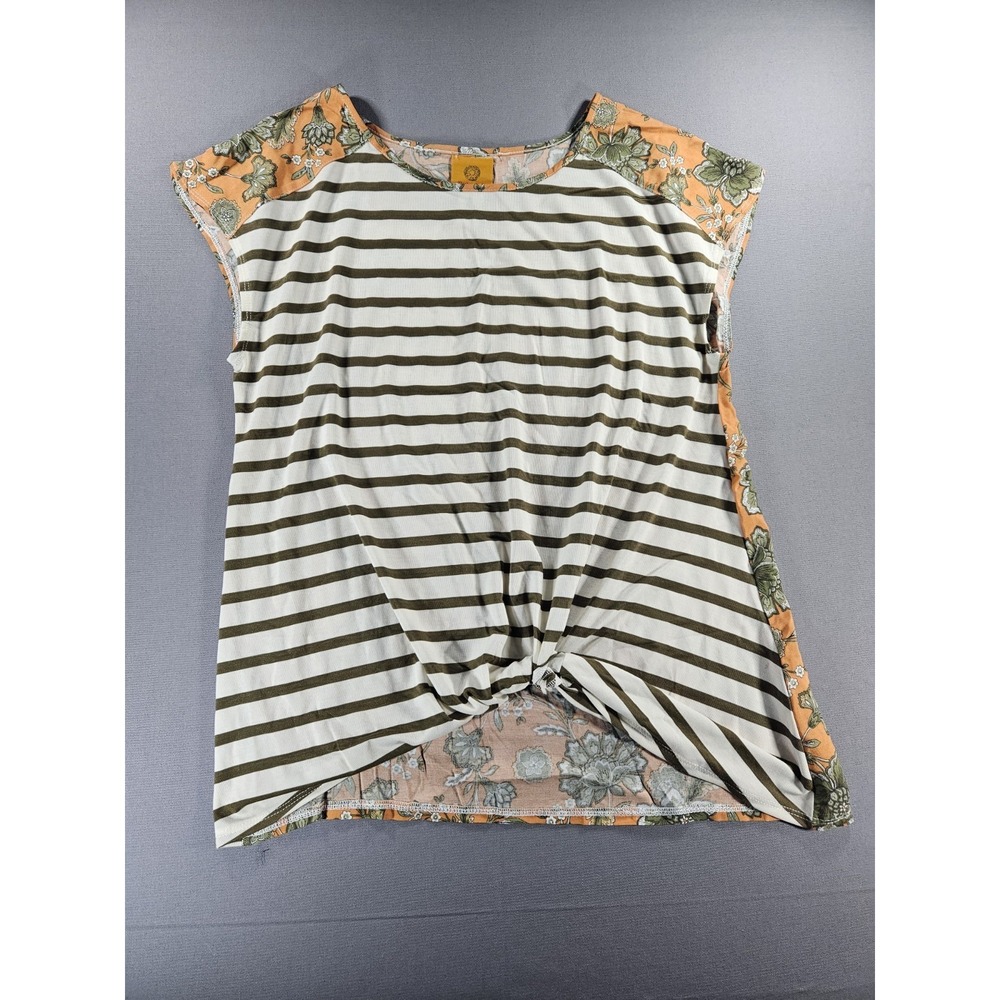 Ruby Rd Size L Boho Striped Floral Contrast Front Knot Tunic Top Mixed Media